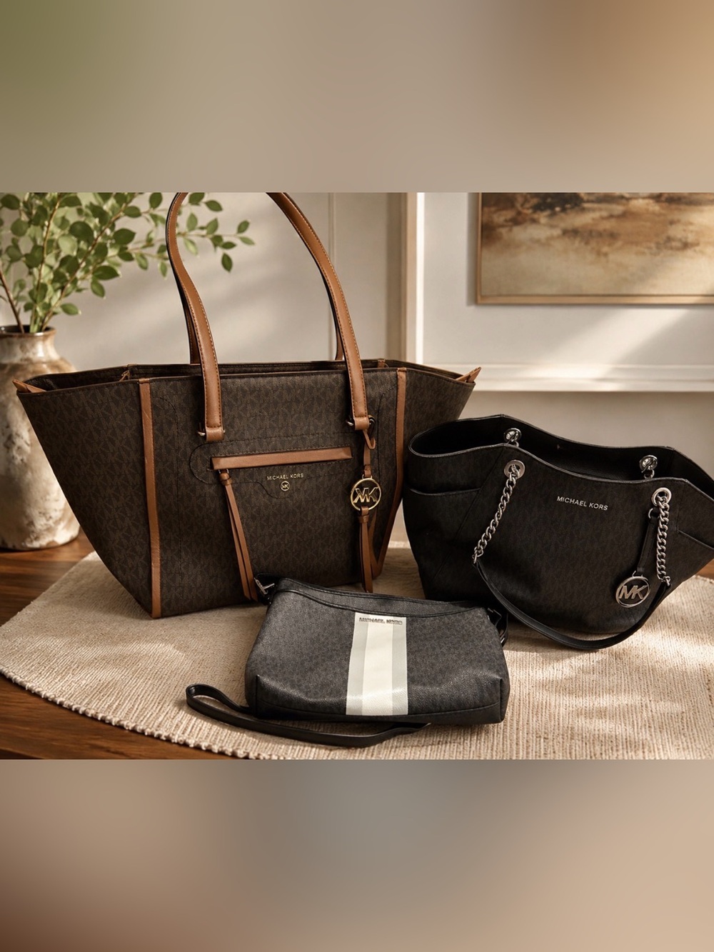 You get all 3 Michael Kors Brown and Black Signature Tote Trio